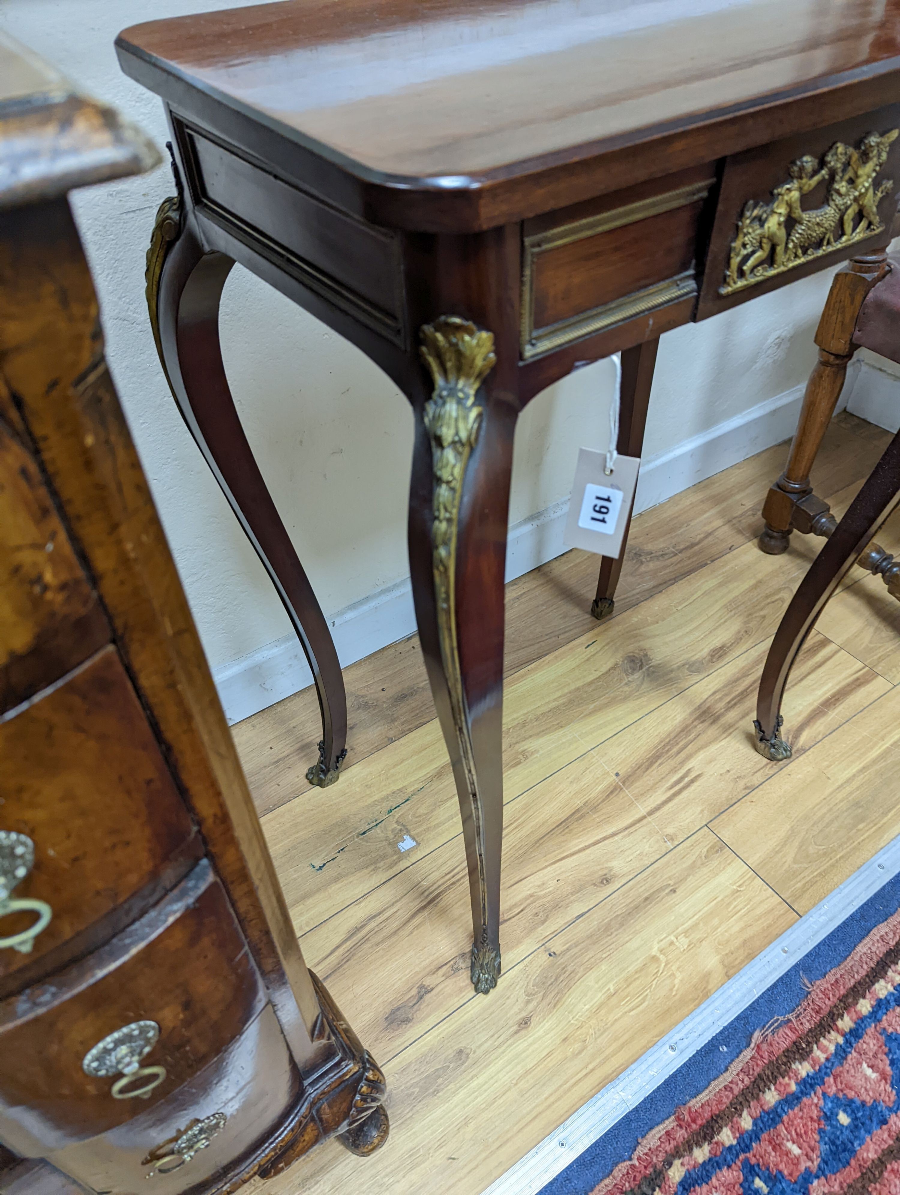 An early 20th century French rectangular gilt metal mounted mahogany small centre table with later top, width 55cm, depth 38cm, height 79cm